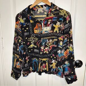 VTG Chico’s Silk Black Oriental Inspired Fairytale Novelty Print Top Sz 1 / M